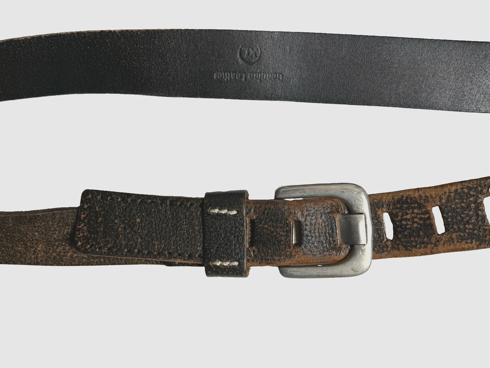 Vintage Men Thick Leather Belt German Militia Style Black Brown Distressed XL 44